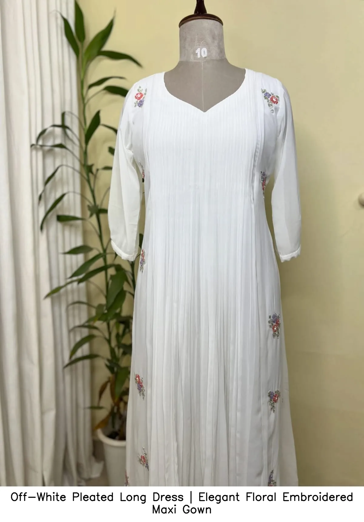 Off-White Pleated Long Dress | Elegant Floral Embroidered Maxi Gown 4