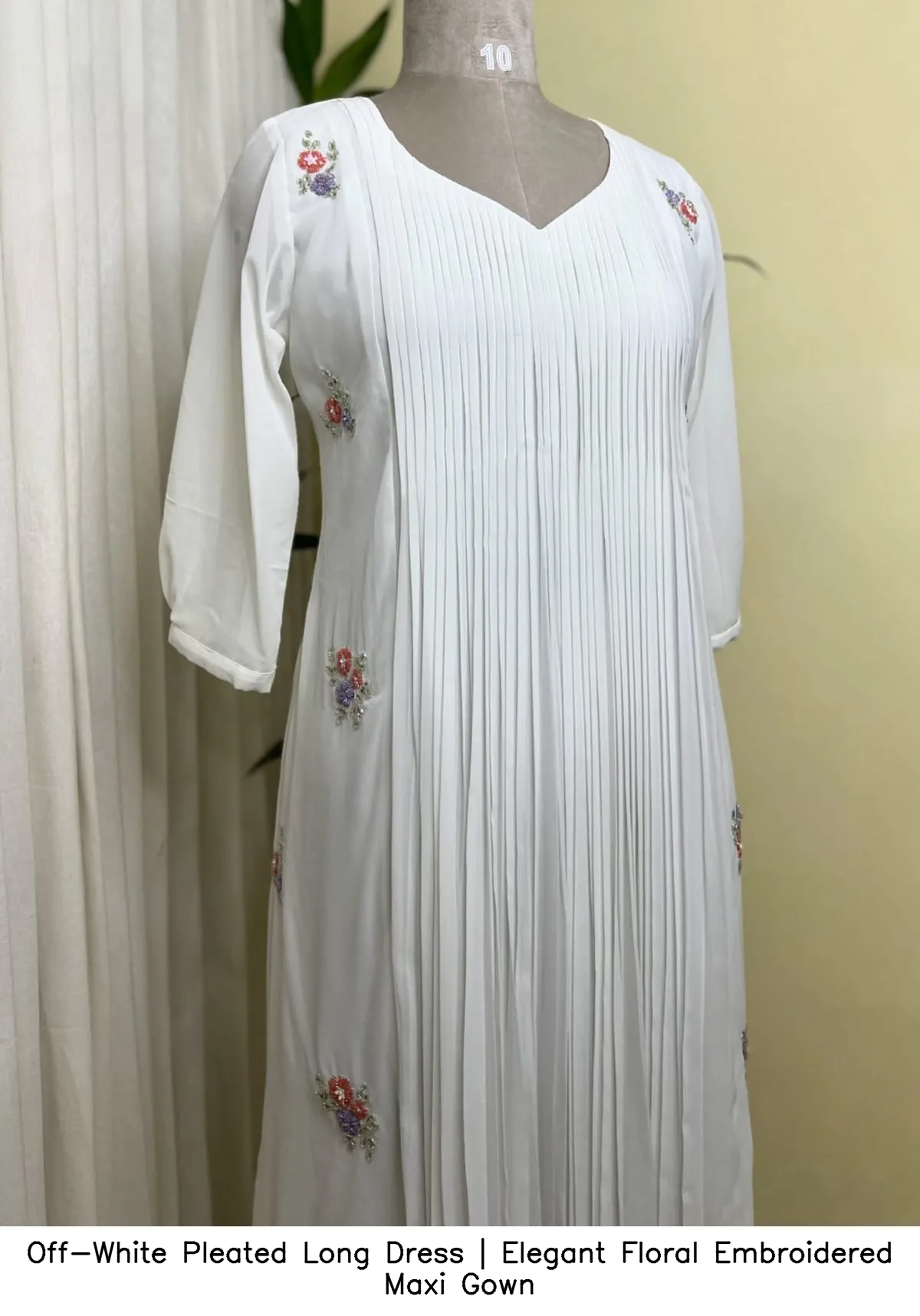 Off-White Pleated Long Dress | Elegant Floral Embroidered Maxi Gown 5