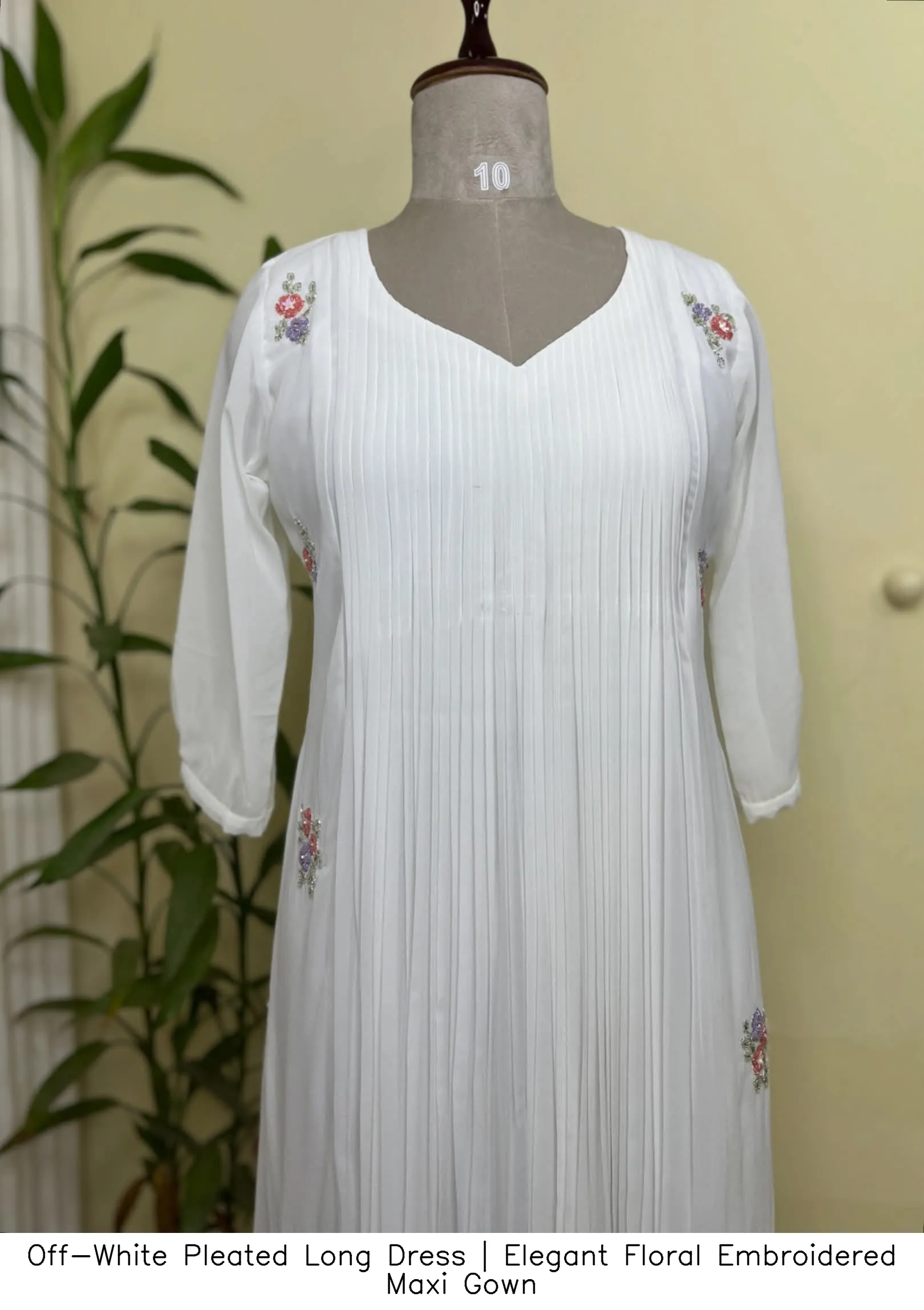 Off-White Pleated Long Dress | Elegant Floral Embroidered Maxi Gown 6