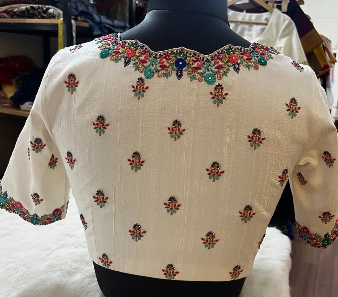Off-White Raw Silk Aari Work Blouse | Handcrafted Multicolor Floral Scallop Border Saree Blouse 1