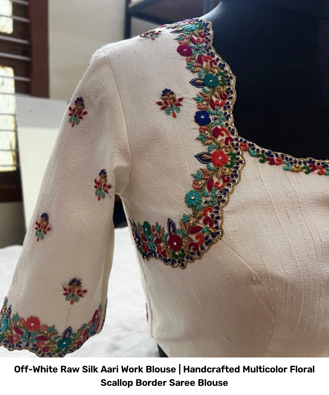 Off-White Raw Silk Aari Work Blouse | Handcrafted Multicolor Floral Scallop Border Saree Blouse 4