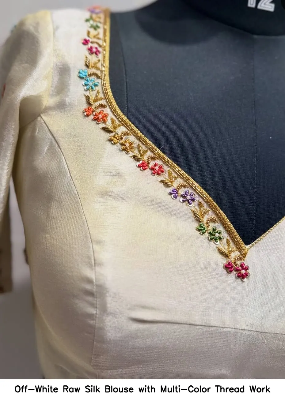 Off-White Raw Silk Blouse with Multi-Color Thread Work 3