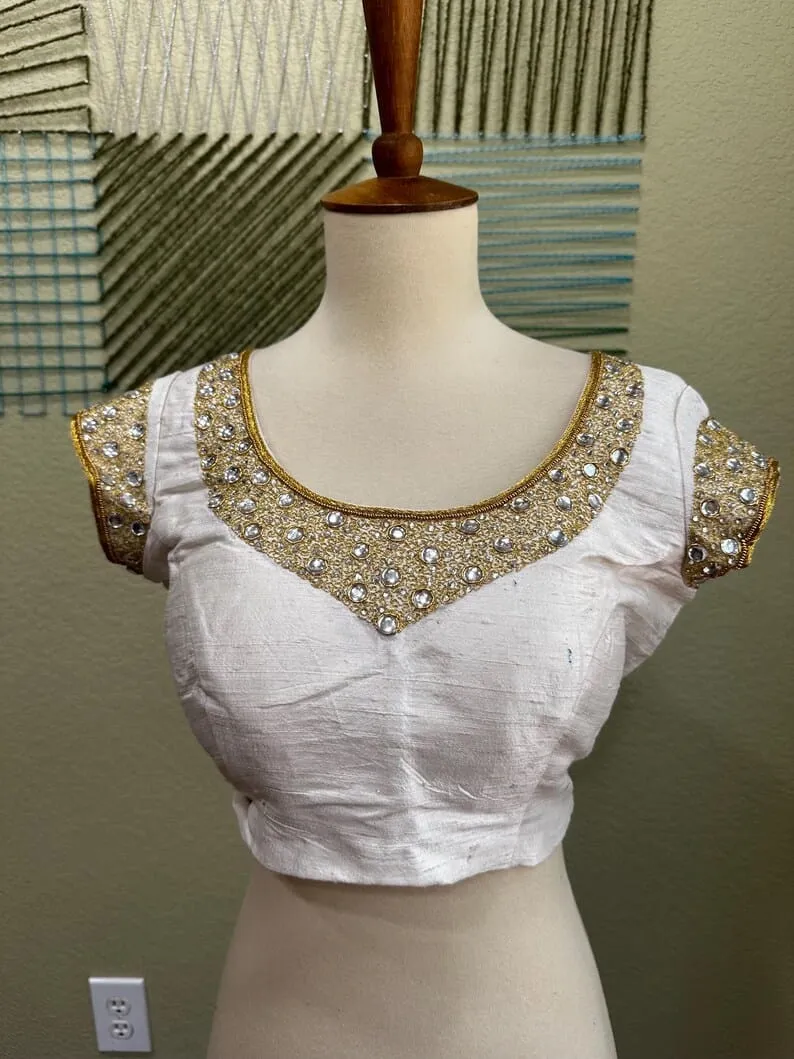 Off-White Raw Silk Kundan Work Blouse | Handcrafted Stone & Zardosi Embroidered Cutout Back Saree Blouse