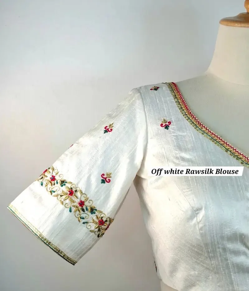 Off-White Raw Silk Maggam Work Blouse | Handcrafted Deep U-Back & Multicolor Floral Aari Embroidered Saree Blouse