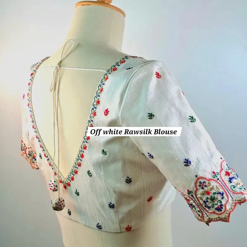 Off-White Raw Silk Maggam Work Blouse | Handcrafted Deep V-Back & Scalloped Mughal Floral Embroidered Saree Blouse