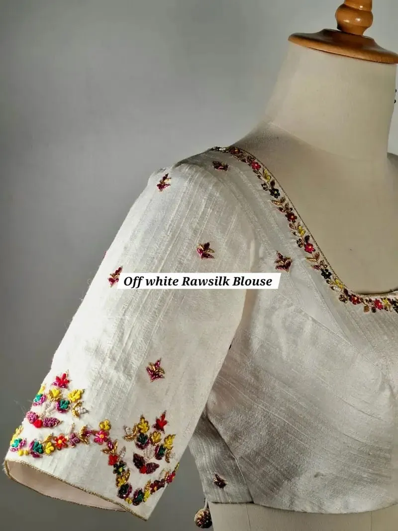 Off-White Raw Silk Maggam Work Blouse | Handcrafted Multicolor Floral French Knot & Zardosi Cut-Out Back Blouse