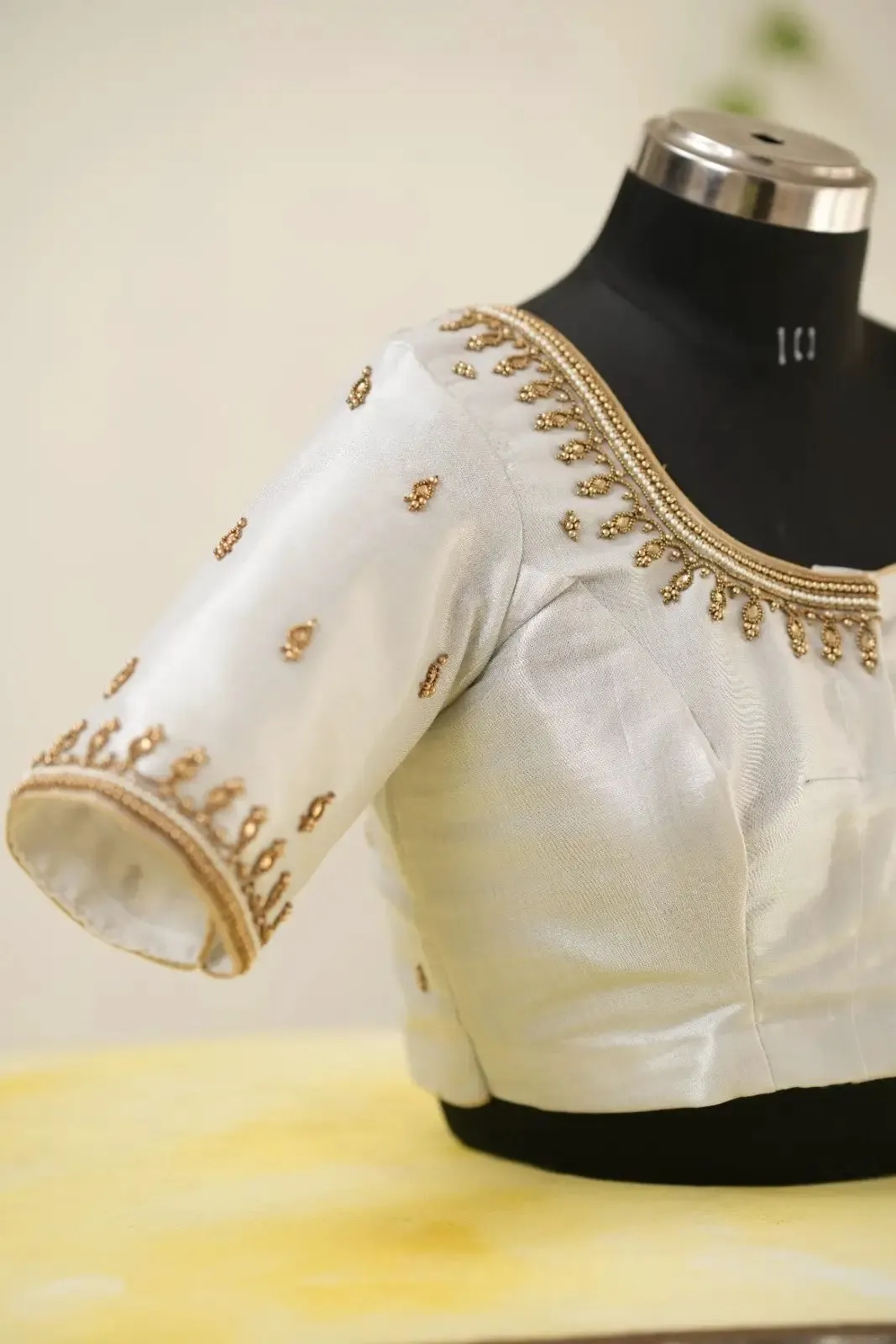 Off-White Raw Silk Saree Blouse – Gold Zardozi & Bead Embroidered Readymade Bridal Choli 1