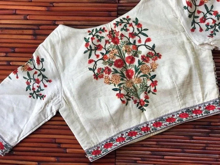 Off-White Raw Silk Saree Blouse | Hand Embroidered Floral Tree & Kashmiri Thread Work Readymade Blouse 1