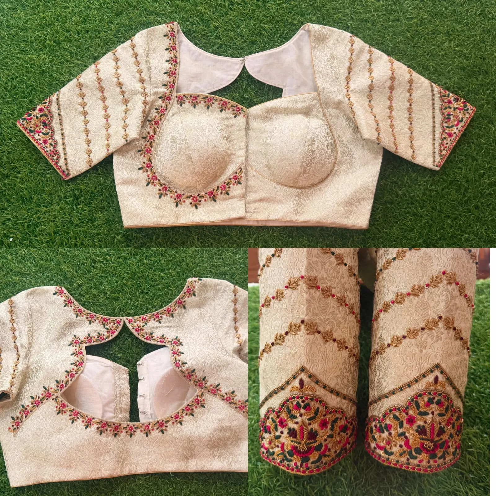 Off-White Self-Design Silk Saree Blouse - Floral Aari Work Sleeves & Designer Cutout Neck 1
