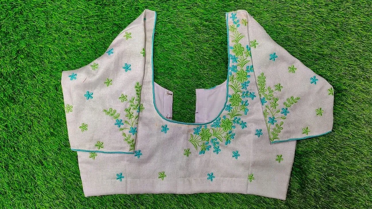 Off-White Silk Computer Embroidery Blouse | Green & Turquoise Floral Machine Work Readymade Saree Blouse 1