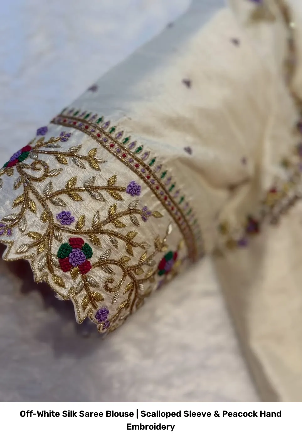 Off-White Silk Saree Blouse | Scalloped Sleeve & Peacock Hand Embroidery 2