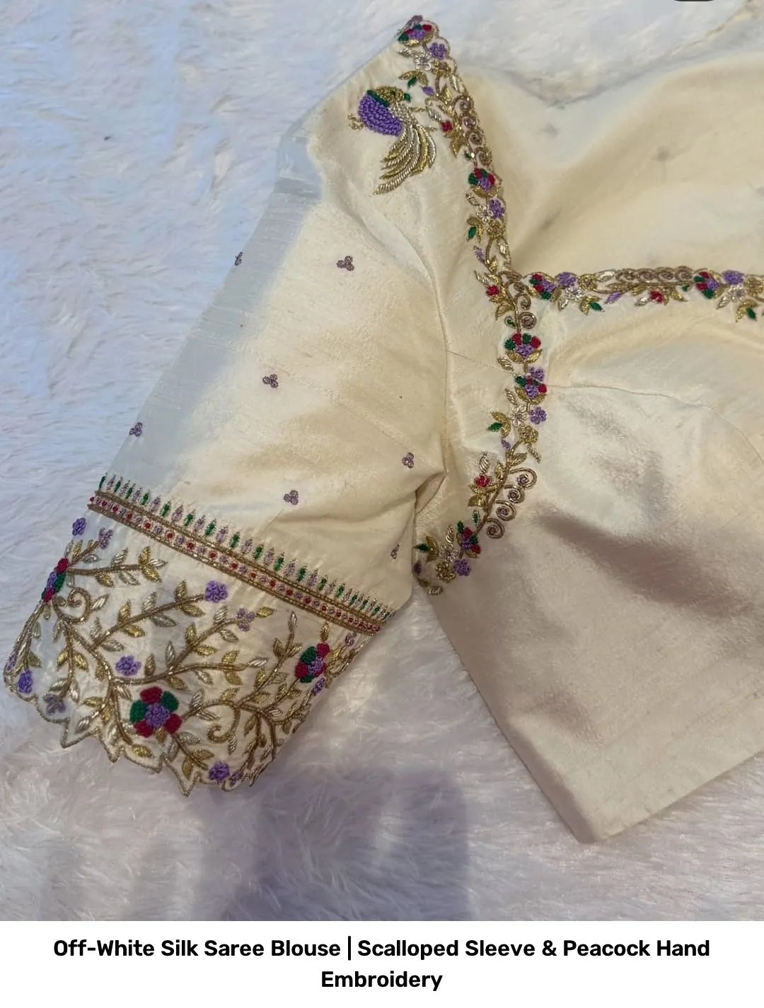 Off-White Silk Saree Blouse | Scalloped Sleeve & Peacock Hand Embroidery 3