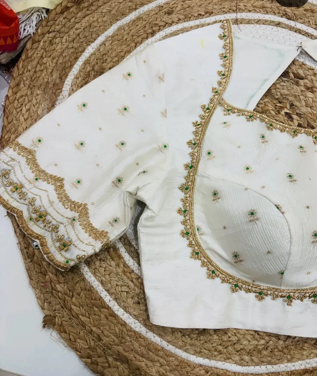 Off White Sweetheart Neck Saree Blouse | Gold Zardosi & Emerald Bead Work Silk Blouse