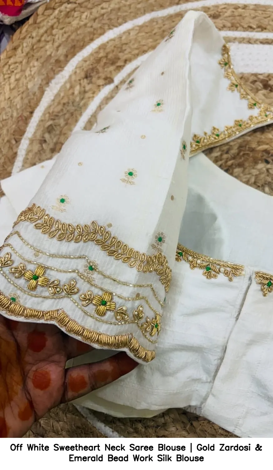Off White Sweetheart Neck Saree Blouse | Gold Zardosi & Emerald Bead Work Silk Blouse 2