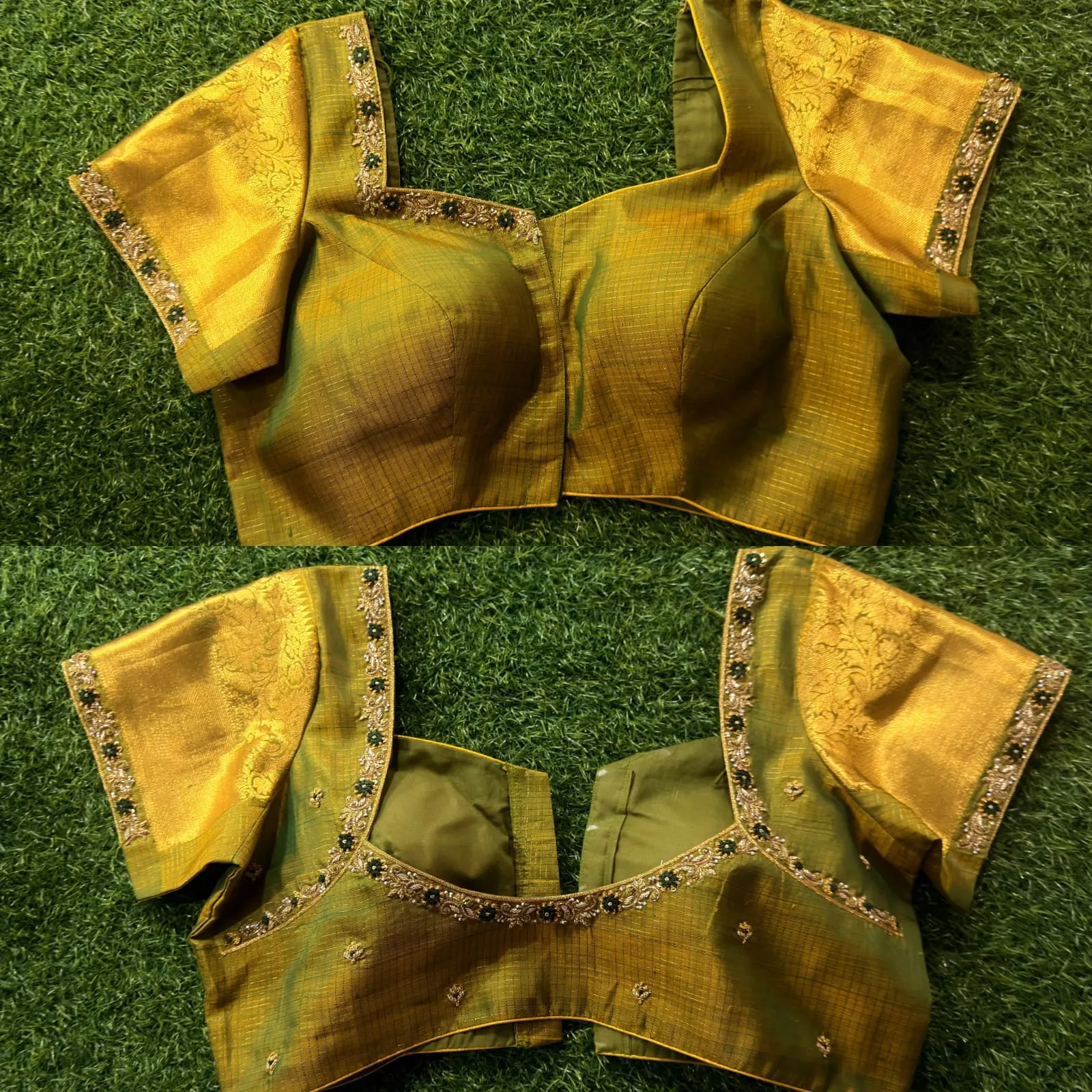 Olive Green Dual-Tone Silk Blouse | Mustard Gold Brocade Sleeves & Hand Embroidered Deep Back Neck
