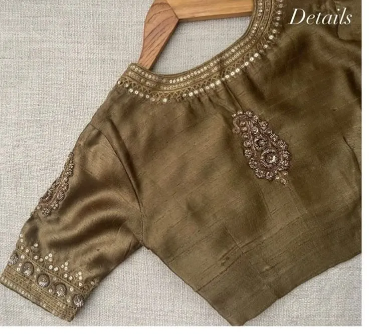 Olive Green Raw Silk Blouse | Handcrafted Antique Gold Zari Sequin Work & Paisley Motif Saree Blouse 1