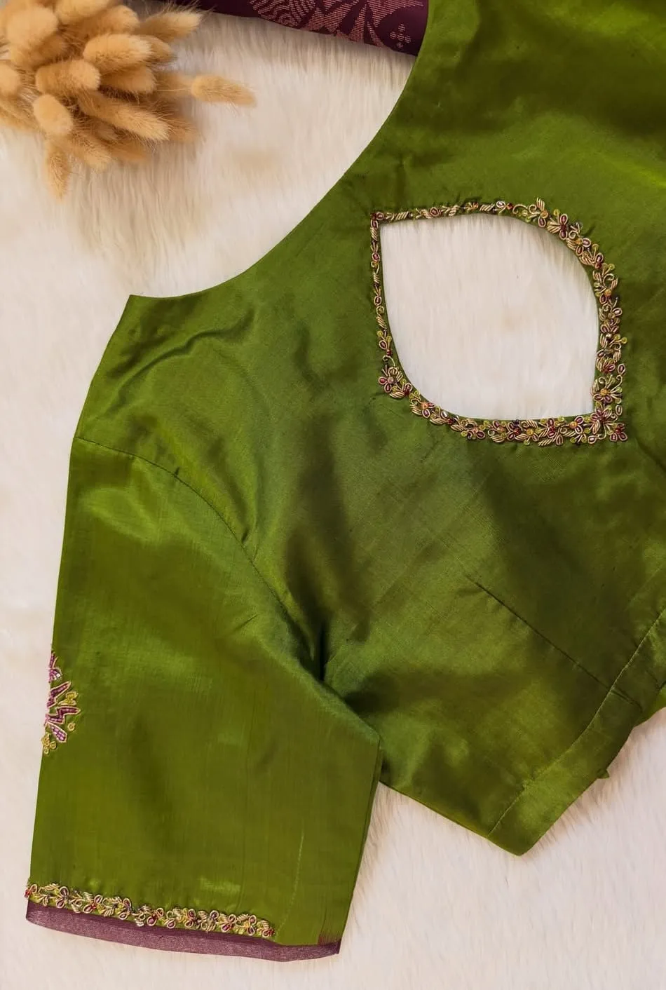 Olive Green Raw Silk Maggam Work Blouse | Handcrafted Cut-Out Back & Wine Border Aari Embroidered Saree Blouse