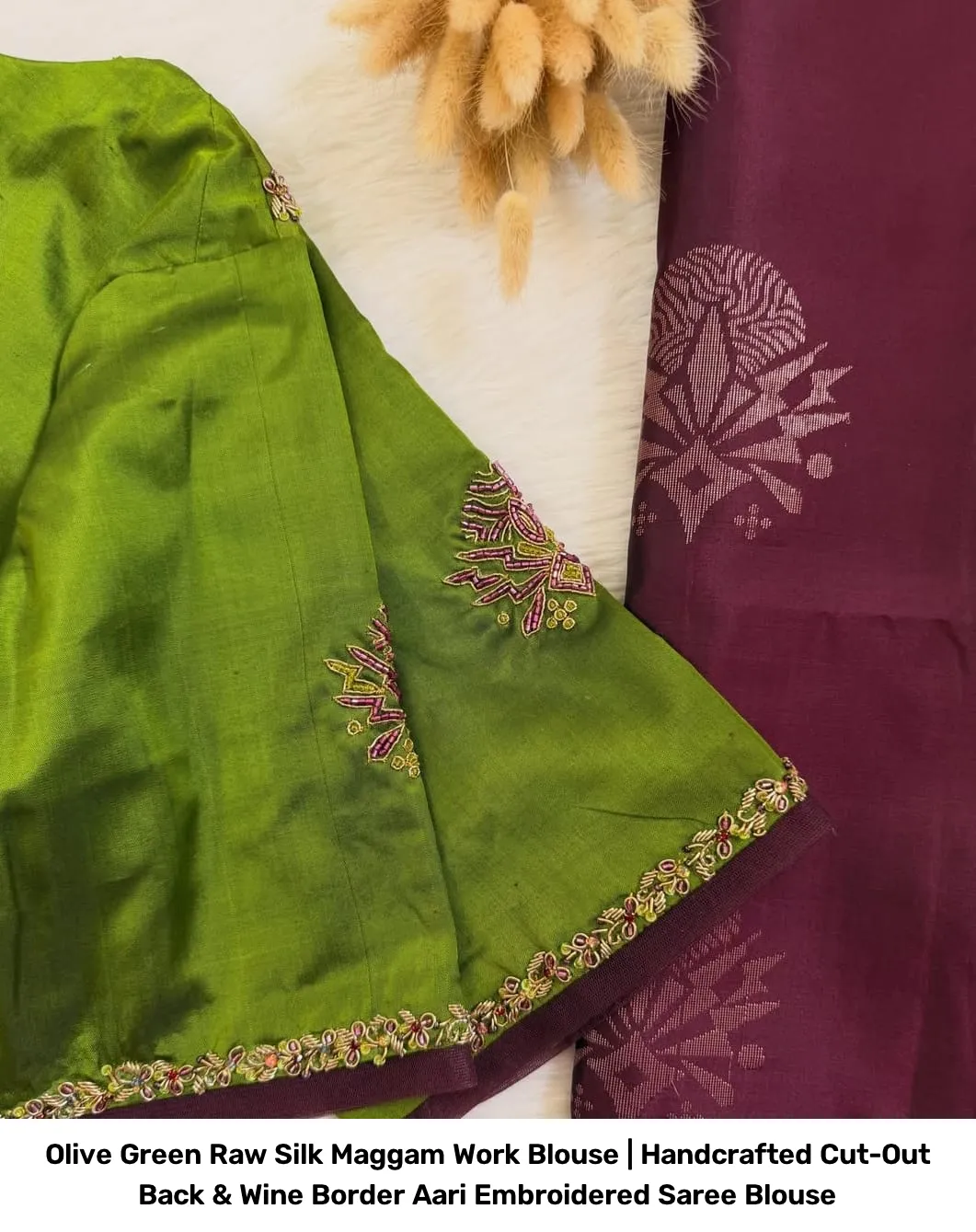 Olive Green Raw Silk Maggam Work Blouse | Handcrafted Cut-Out Back & Wine Border Aari Embroidered Saree Blouse 2