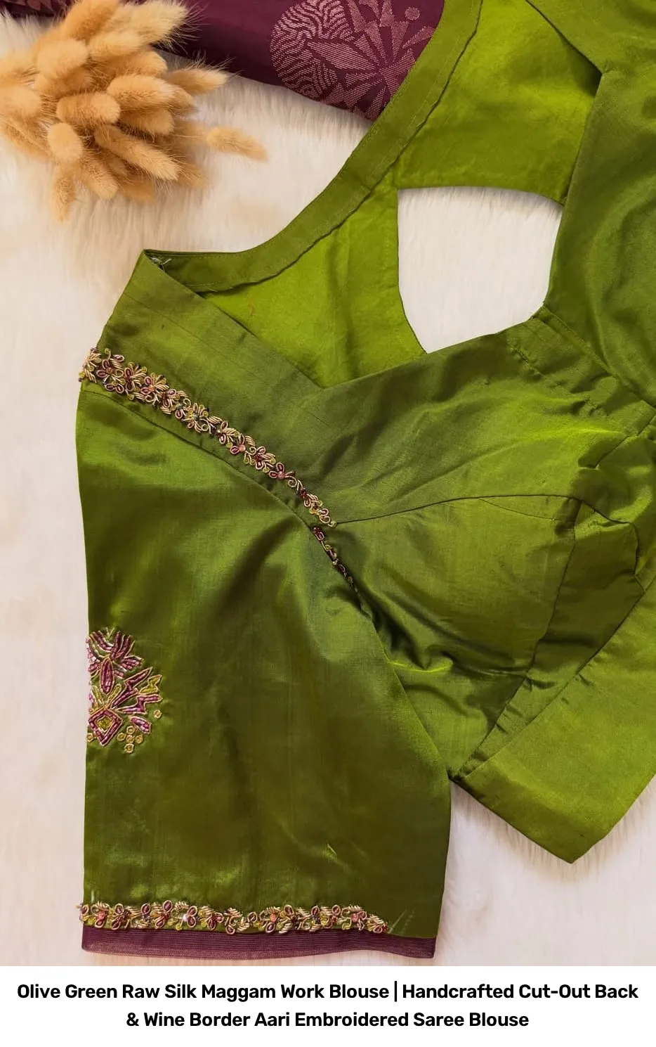 Olive Green Raw Silk Maggam Work Blouse | Handcrafted Cut-Out Back & Wine Border Aari Embroidered Saree Blouse 3
