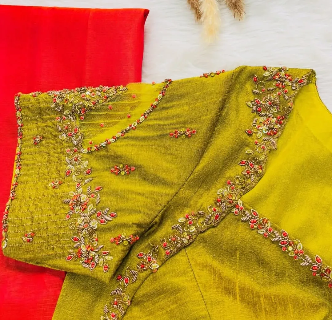 Olive Green Raw Silk Maggam Work Blouse | Red Floral Aari Embroidery Blouse with Pleated Net Sleeves