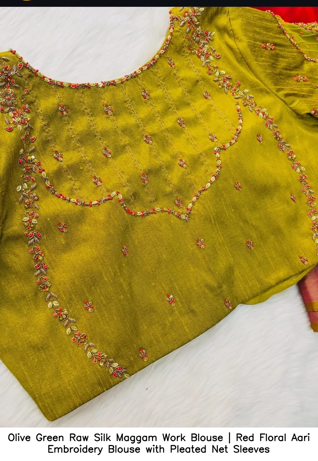 Olive Green Raw Silk Maggam Work Blouse | Red Floral Aari Embroidery Blouse with Pleated Net Sleeves 2