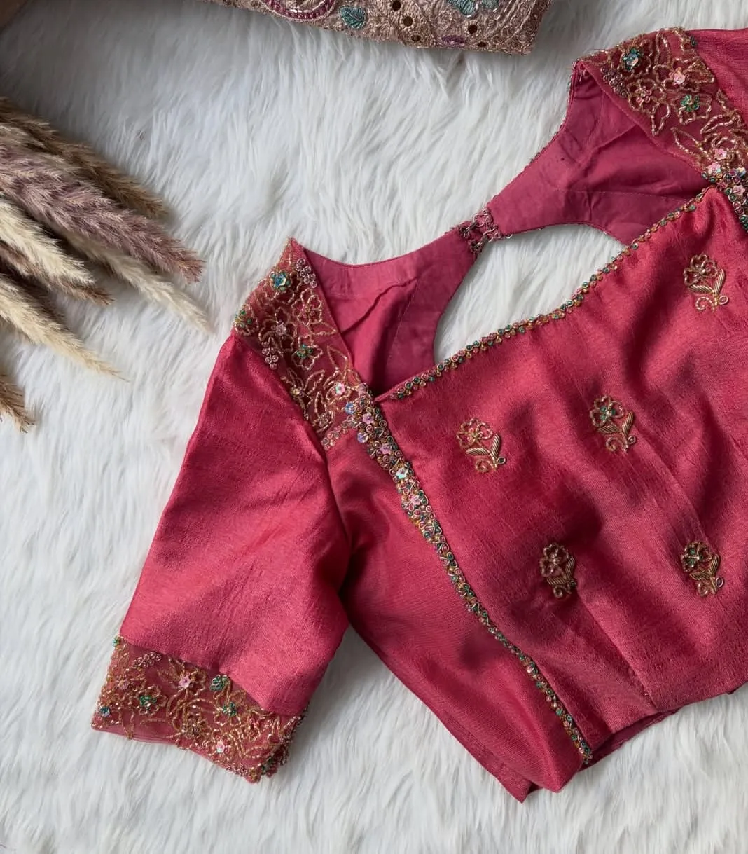 Onion Pink Designer Bridal Silk Blouse – Multi-Color Floral Aari Work & Cut Out Back Blouse
