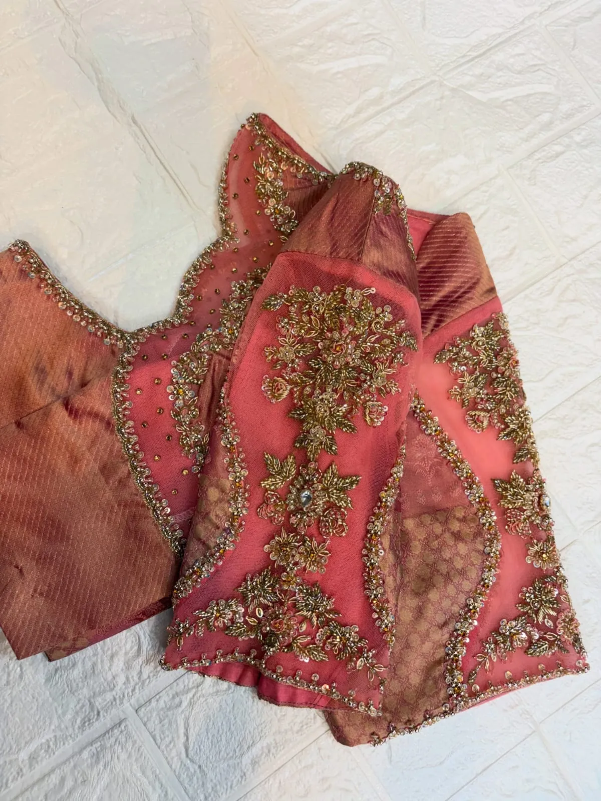 Onion Pink Hand Embroidered Saree Blouse | Net Patch Work Back Cutout & Scallop Neck 1