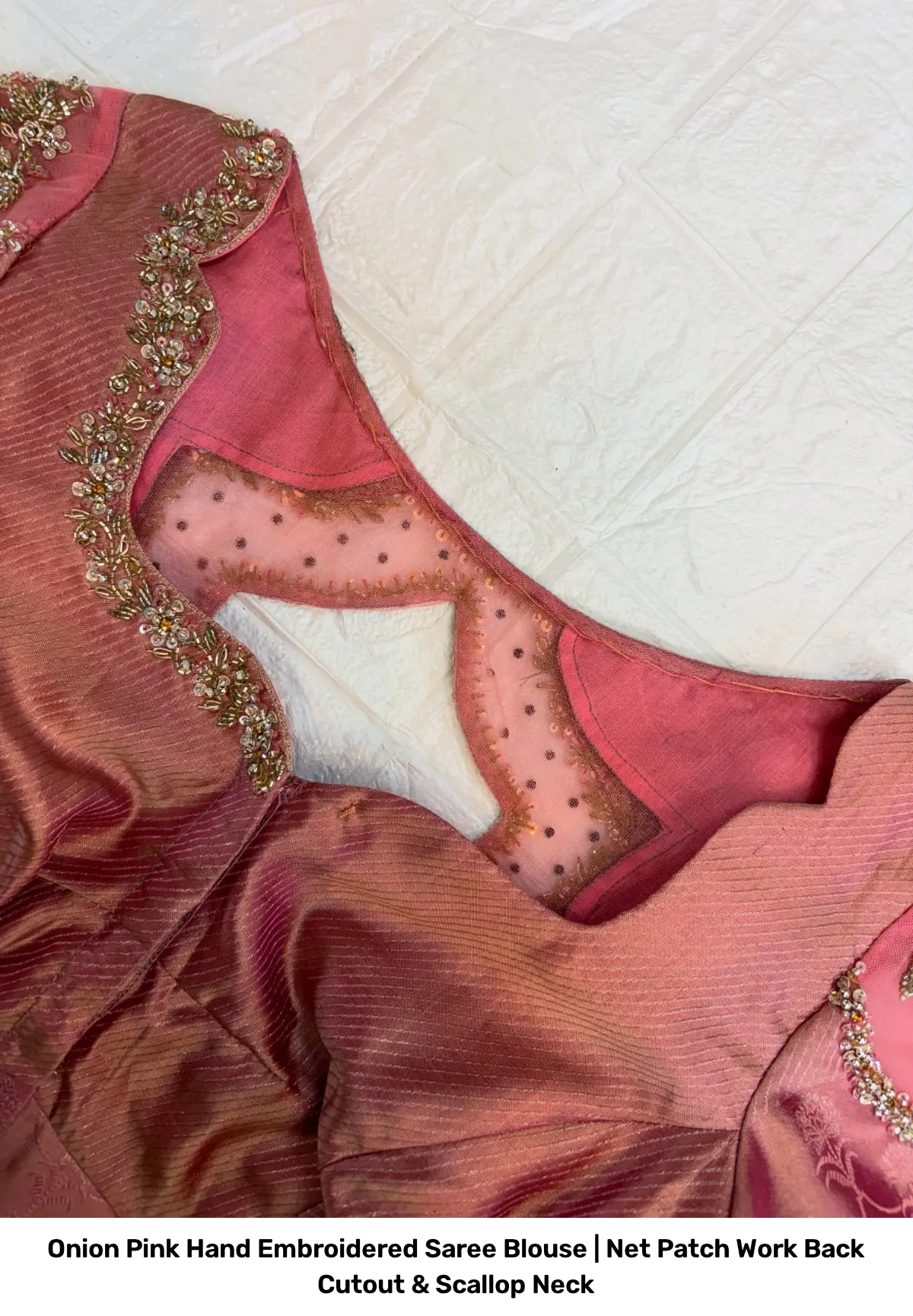 Onion Pink Hand Embroidered Saree Blouse | Net Patch Work Back Cutout & Scallop Neck 2