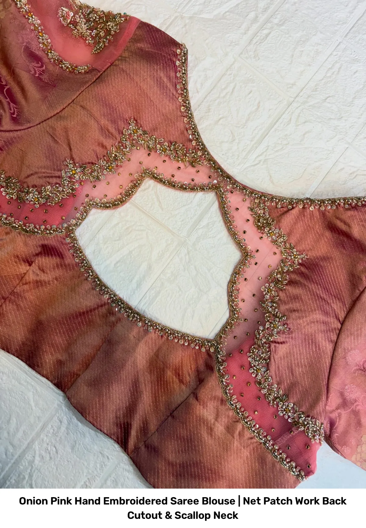Onion Pink Hand Embroidered Saree Blouse | Net Patch Work Back Cutout & Scallop Neck 3
