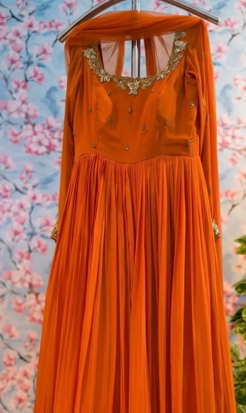 Orange Hand Work Georgette Anarkali Dress for Haldi & Sangeet 1