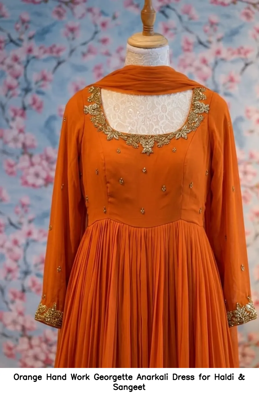 Orange Hand Work Georgette Anarkali Dress for Haldi & Sangeet 2