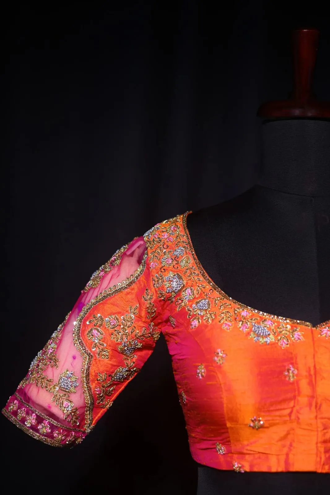 Orange & Pink Dual Tone Silk Blouse | Designer Net Sleeves Maggam Work Blouse