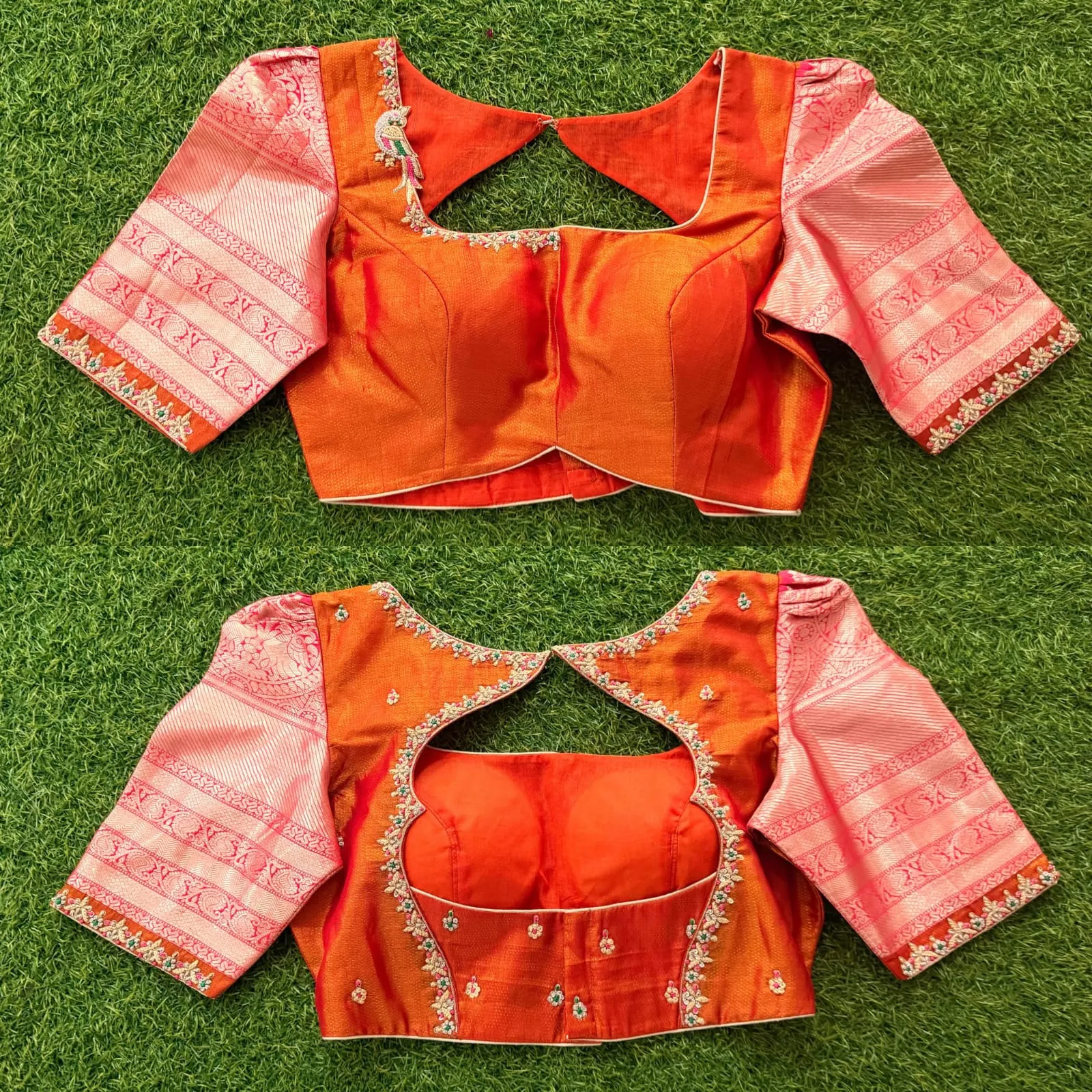 Orange Silk Designer Saree Blouse with Contrast Pink Brocade Puff Sleeves & Hand Embroidered Cut-Out Back