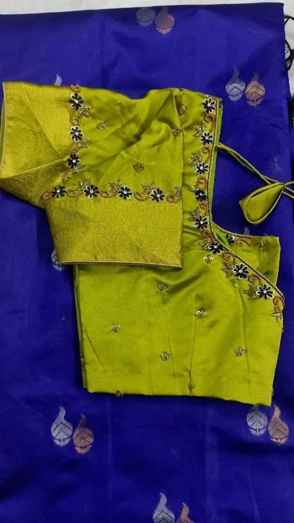 Parrot Green Silk Maggam Work Blouse | Blue Floral Aari Embroidery Sweetheart Neck Saree Blouse with Tassels