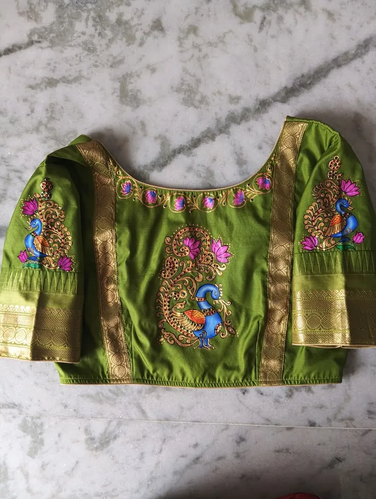 Parrot Green Silk Saree Blouse | Hand Painted Peacock & Lotus Motif with Gold Zari Border