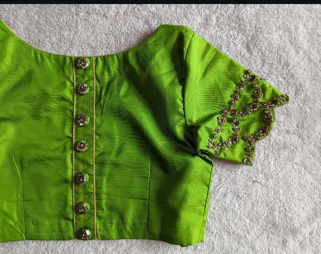 Parrot Green Silk Saree Blouse with Scalloped Embroidered Sleeves & Center Button Placket