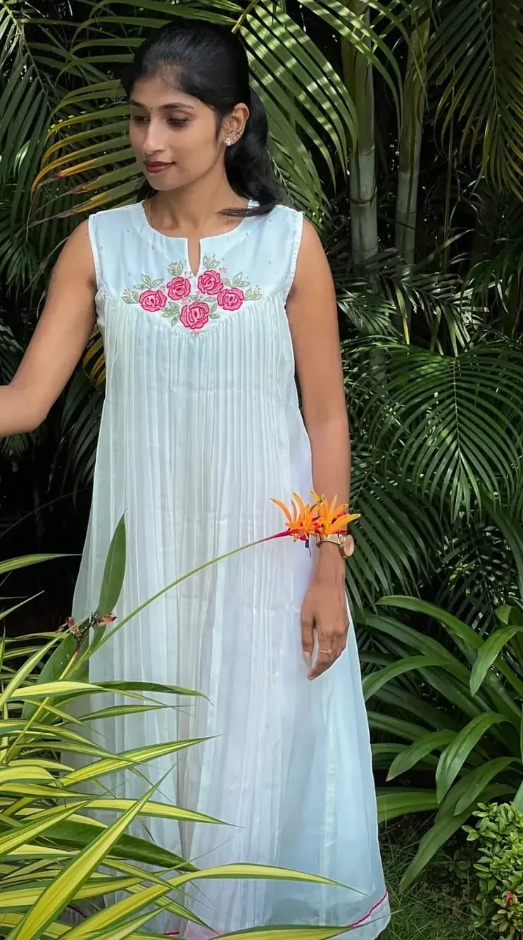 Pastel Blue Sleeveless Pleated Long Frock with Pink Rose Embroidered Yoke