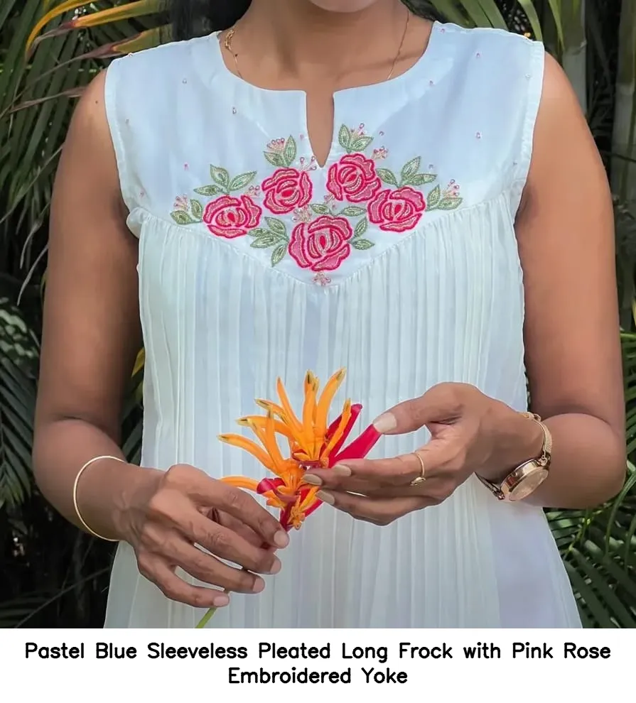 Pastel Blue Sleeveless Pleated Long Frock with Pink Rose Embroidered Yoke 2