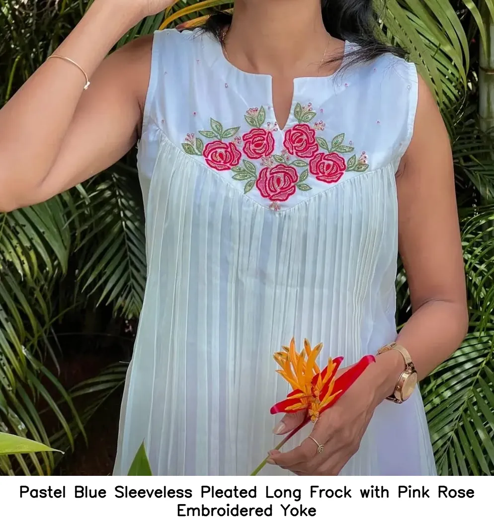 Pastel Blue Sleeveless Pleated Long Frock with Pink Rose Embroidered Yoke 3