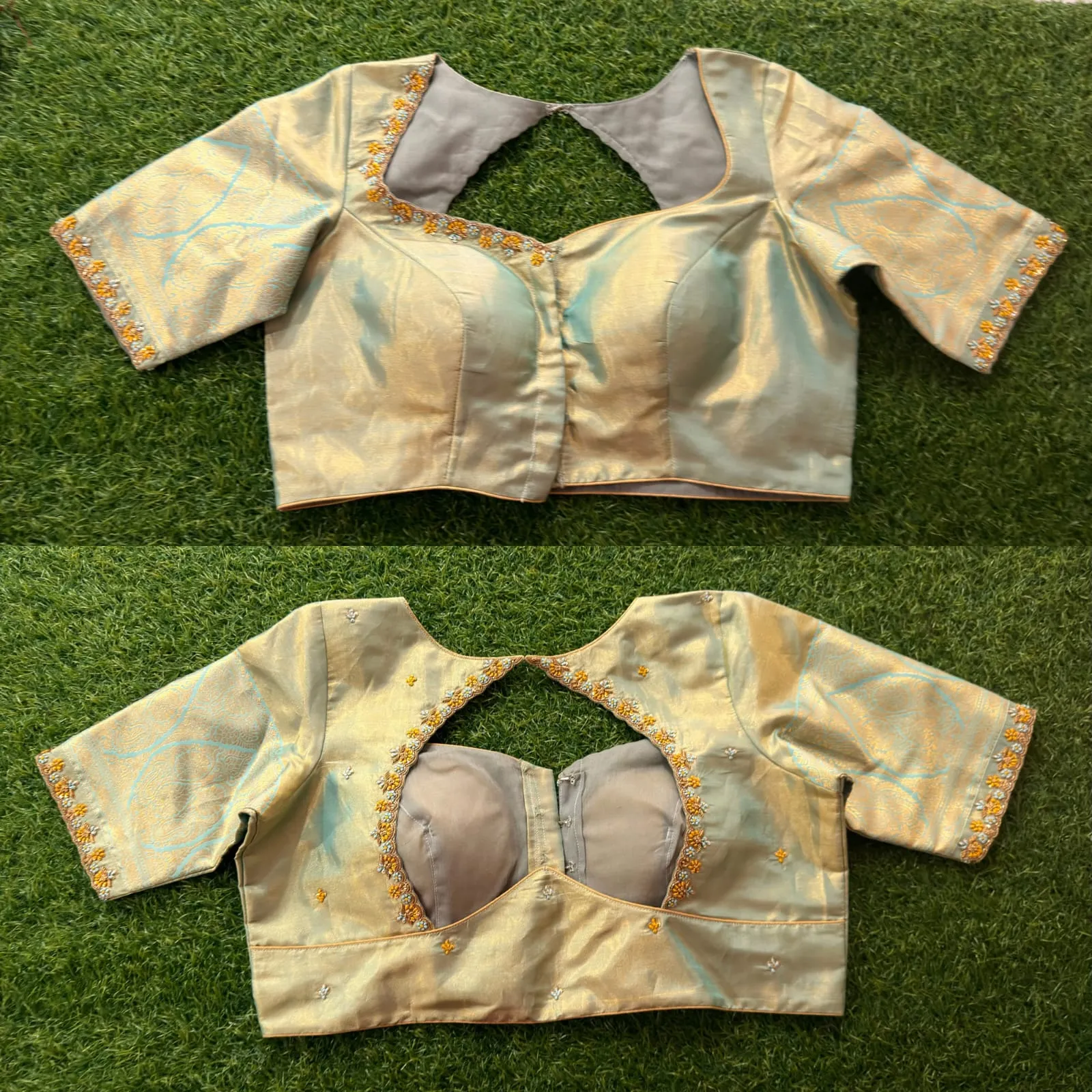 Pastel Gold Green Tissue Saree Blouse – Jacquard Motif Sleeves with Yellow Bead Aari Work