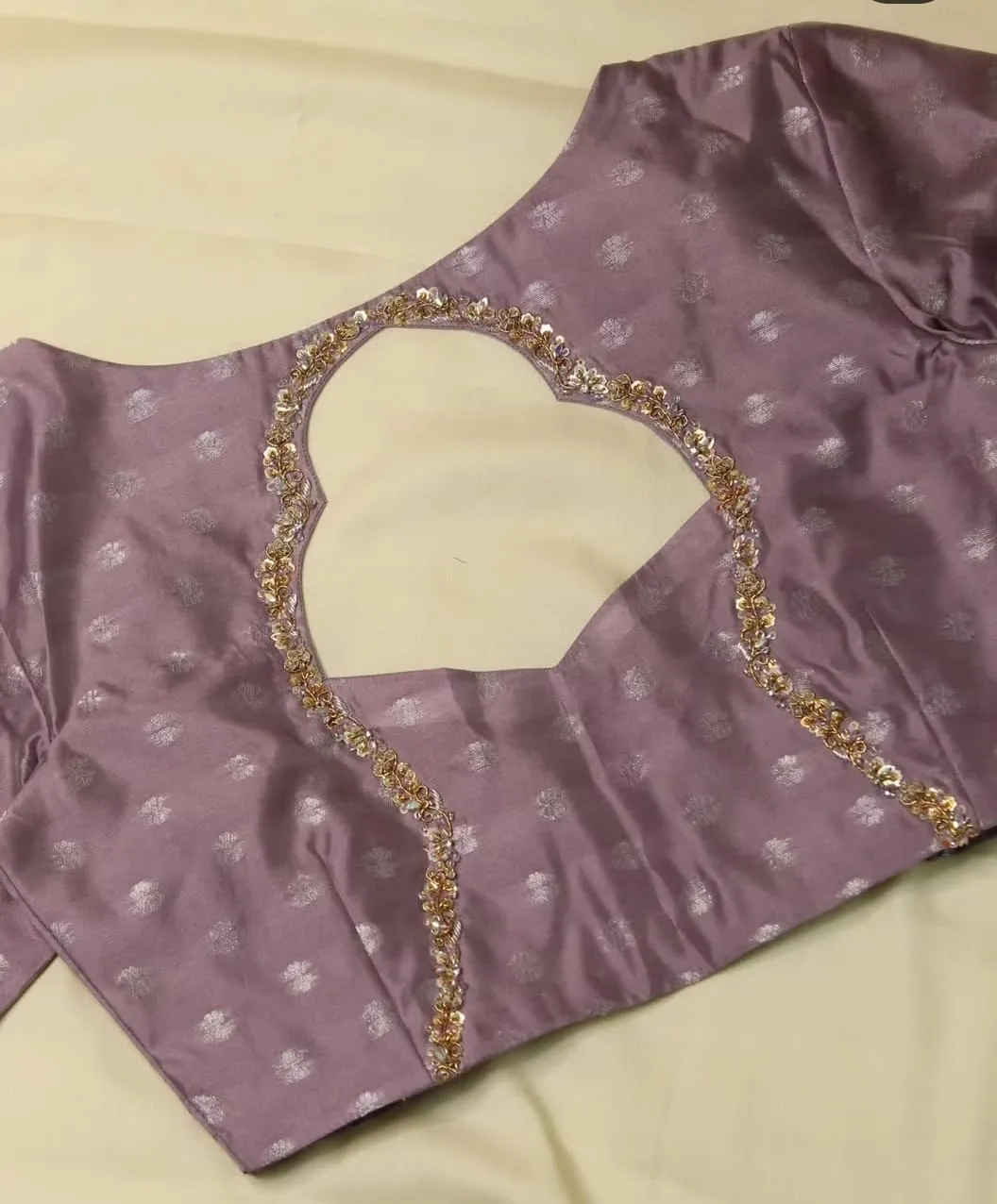 Pastel Lavender Brocade Readymade Blouse with Gold Sequin Outline, Keyhole Back & Woven Border Sleeves 1