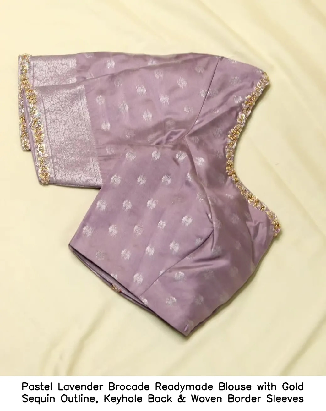 Pastel Lavender Brocade Readymade Blouse with Gold Sequin Outline, Keyhole Back & Woven Border Sleeves 2