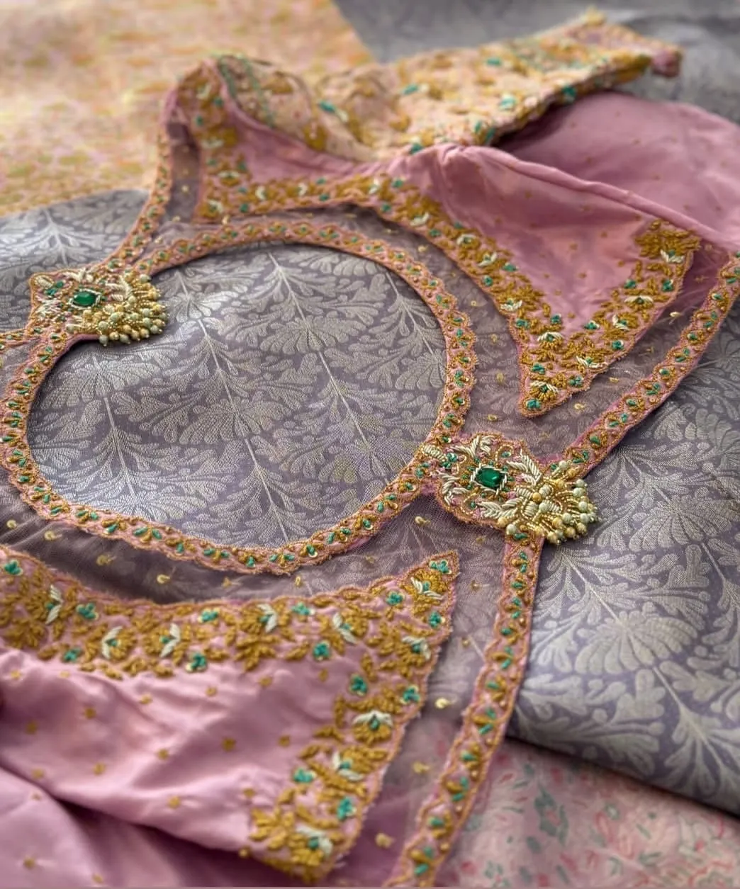 Pastel Pink Bridal Silk Blouse | Heavy Peacock Maggam Embroidery with Emerald Green Stones & Cutwork Sleeves