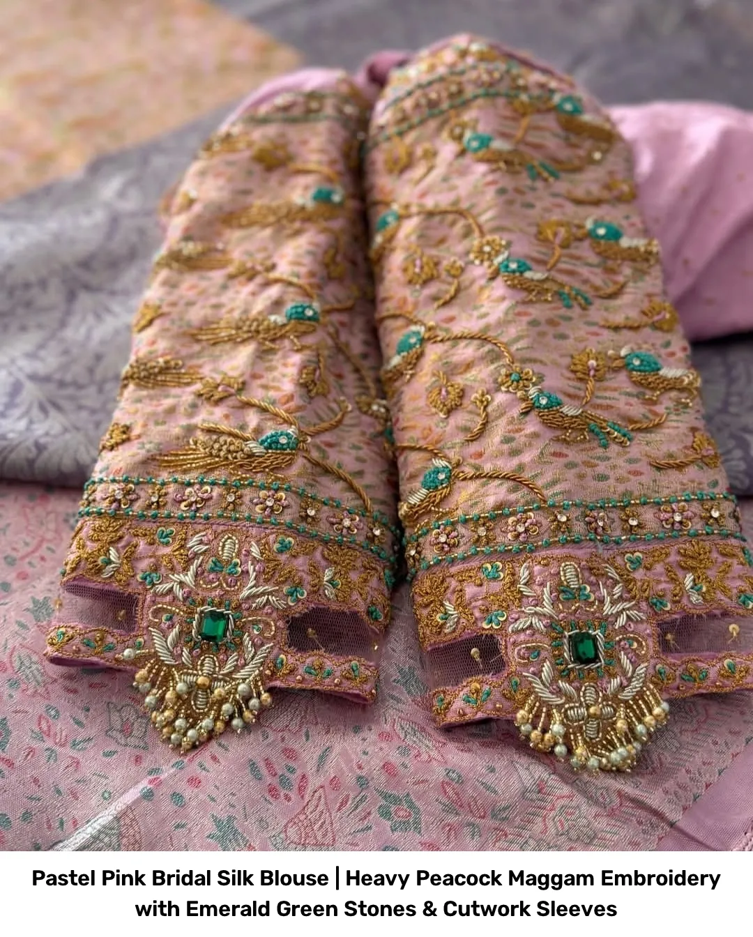 Pastel Pink Bridal Silk Blouse | Heavy Peacock Maggam Embroidery with Emerald Green Stones & Cutwork Sleeves 2