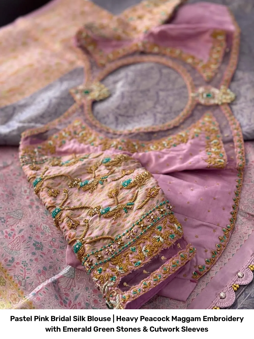 Pastel Pink Bridal Silk Blouse | Heavy Peacock Maggam Embroidery with Emerald Green Stones & Cutwork Sleeves 3