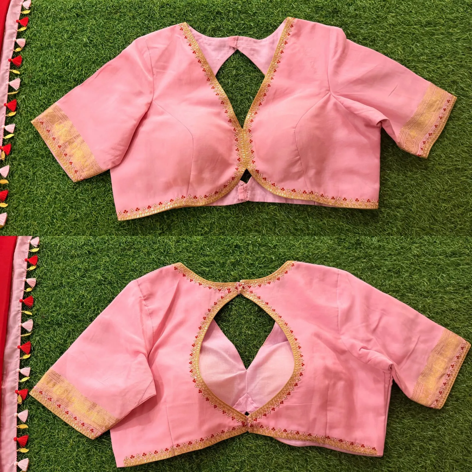 Pastel Pink Silk Saree Blouse - Deep V-Neck Floral Beadwork & Cutout Back Design 1
