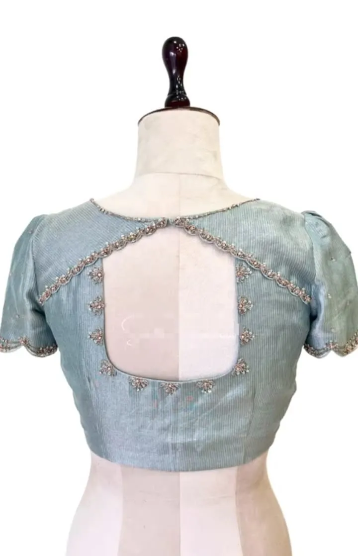Pastel Sea Green Cut-Out Back Blouse | Hand Embroidered Scalloped Neck Silk Saree Blouse