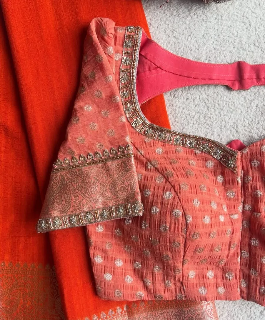 Peach Brocade Readymade Saree Blouse | Designer Cut-Out Back Neck Silk Blouse with Zardozi Work 1