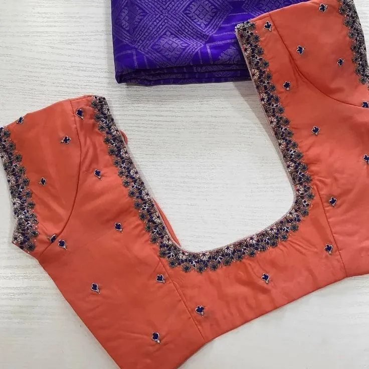 Peach Coral Aari Work Blouse | Handcrafted Royal Blue Floral Border Silk Saree Blouse 1