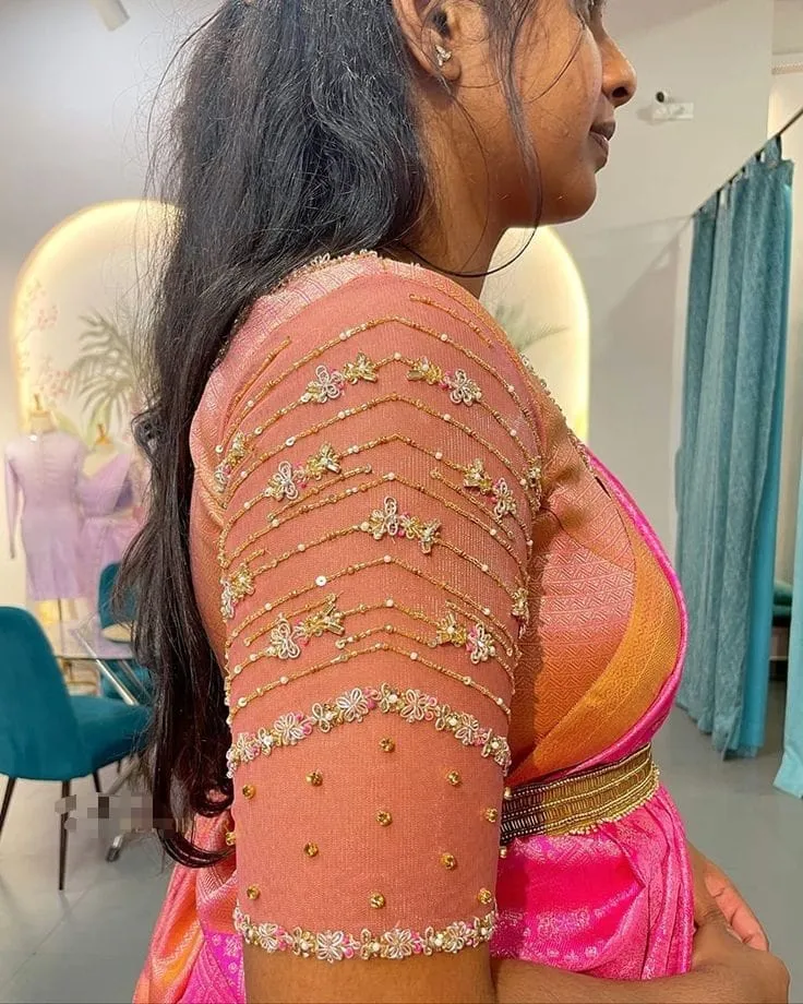 Peach Coral Silk Bridal Blouse | Sheer Net Back Maggam Aari Work Hand Embroidered Saree Blouse 1